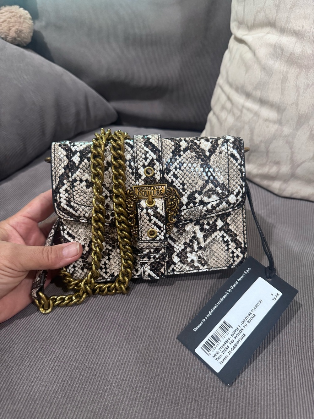 Versace Jeans Collection Black & White Snake-Print Crossbody with Gold Chain